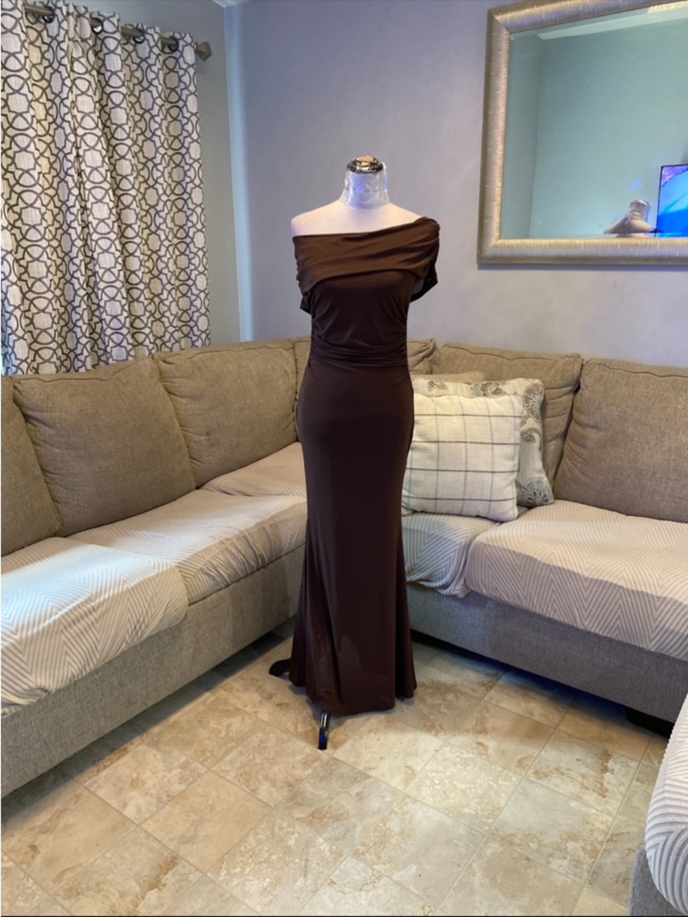 New Women Medium Off The Shoulder Brown Ruched Formal Dress - Picture 6 of 11